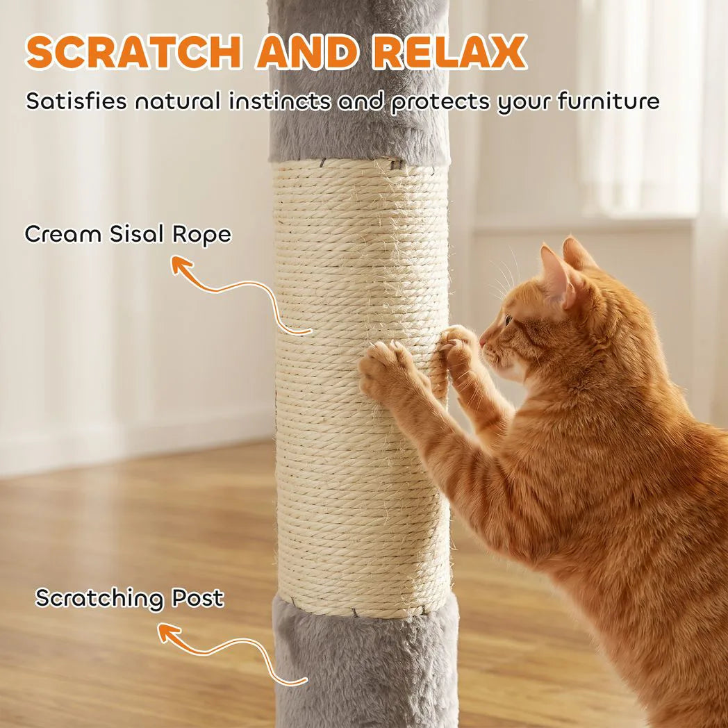 PawHut Floor to Ceiling Cat Tree, 230-250cm Adjustable Six-Level Cat Tower with Hammock, Condo & Sisal Posts