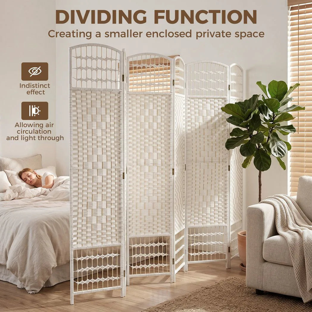 HOMCOM 6 Panel Folding Room Divider, Hand-Woven Paper Rope & Bamboo – Privacy Screen, White