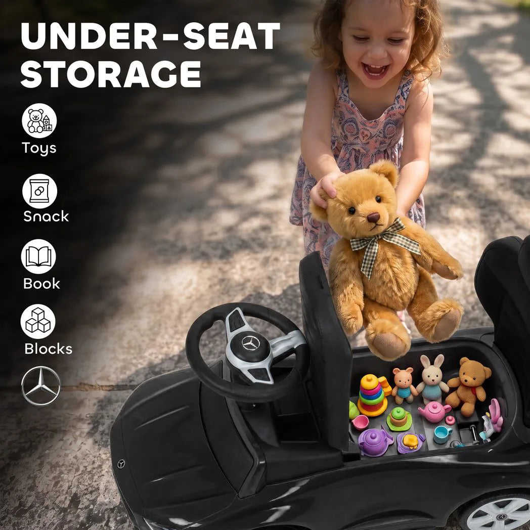 AIYAPLAY 4 in 1 Licensed Mercedes-Benz Ride On Push Car with Canopy, Guardrails, Horn and Music – 12–36 Months, Black