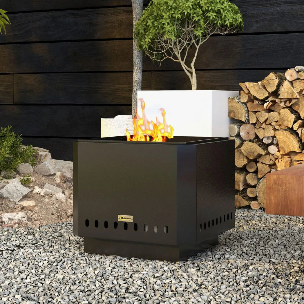 Outsunny 48cm Smokeless Wood Burning Fire Pit with Poker – Portable Square Metal Bonfire Stove, Black