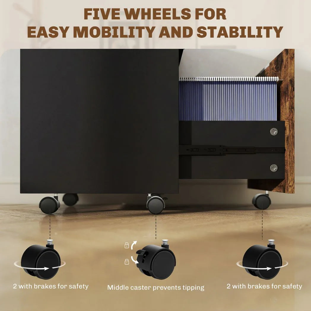 HOMCOM Two-Drawer Lockable Filing Cabinet on Wheels – Under Desk Office Storage, Black and Brown