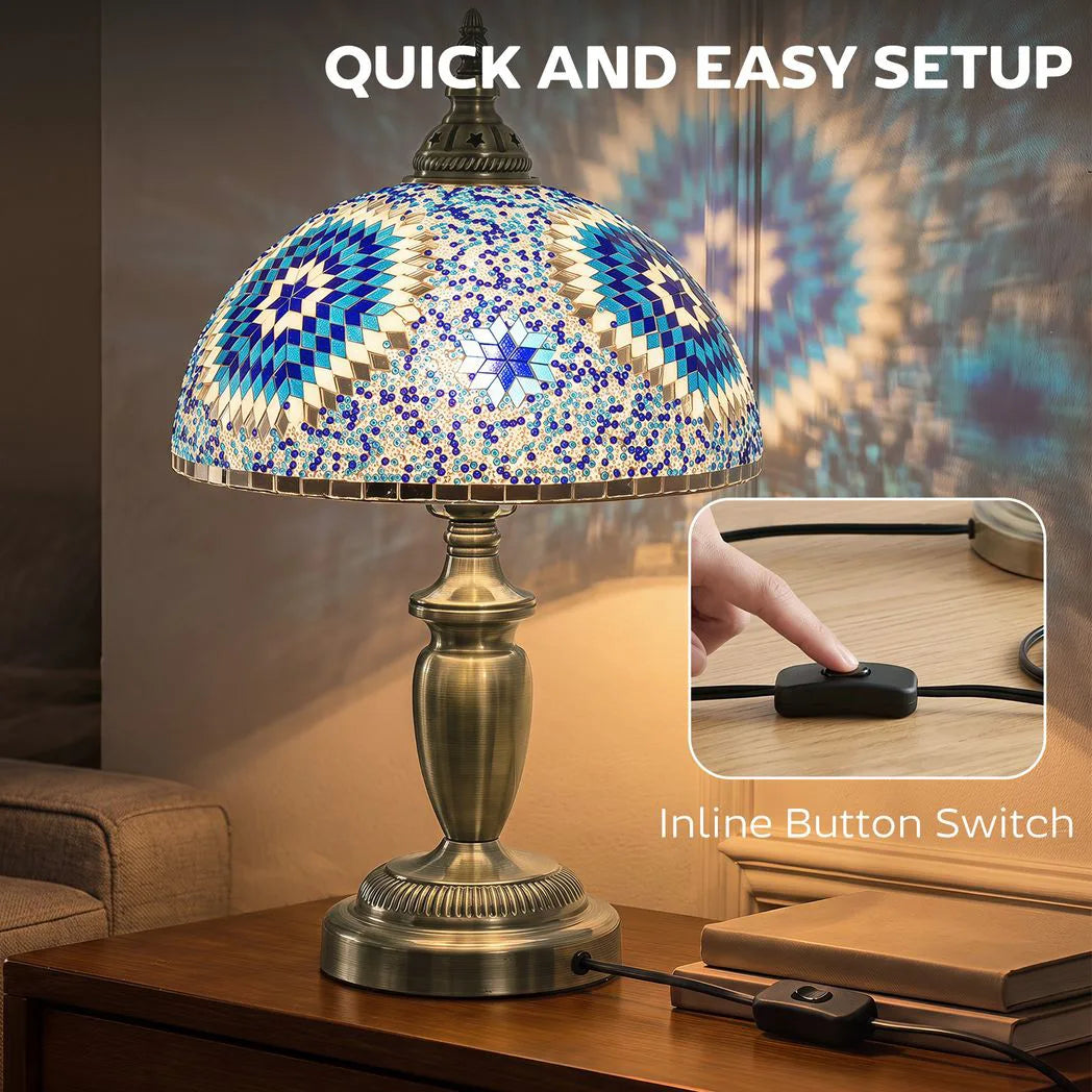 HOMCOM 30cm Tiffany-Style Table Lamp with Stained Glass Shade and Metal Base – Vintage Bedside Light, Blue