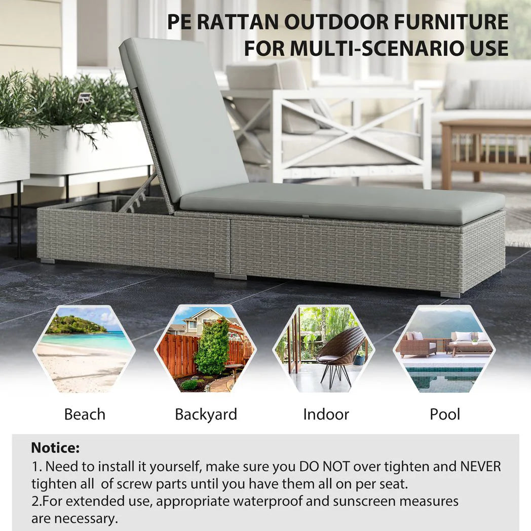 Outsunny Rattan Sun Lounger with Cushion – Five-Position Reclining Garden Lounger Bed, Light Grey