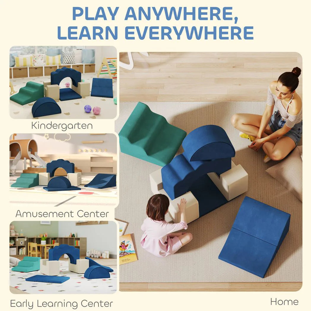 AIYAPLAY 7 Piece Kids Soft Play Set with Velvet Cover – Climb and Crawl Foam Toy for Toddlers, Dark Blue