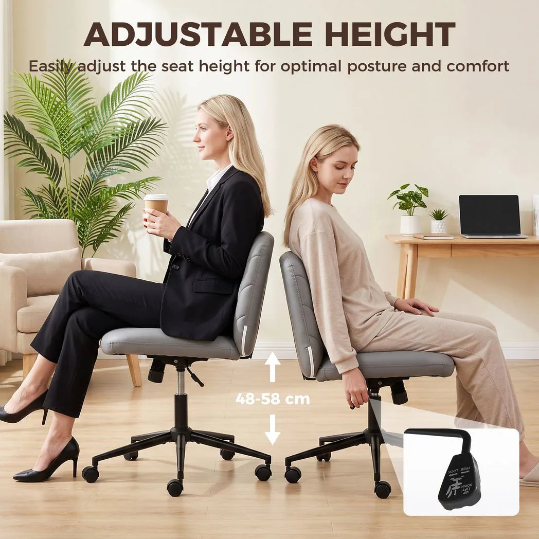 HOMCOM Armless Home Office Desk Chair with Wide 62cm Seat, Adjustable Height and Rocking – Pet-Friendly Leather, Grey