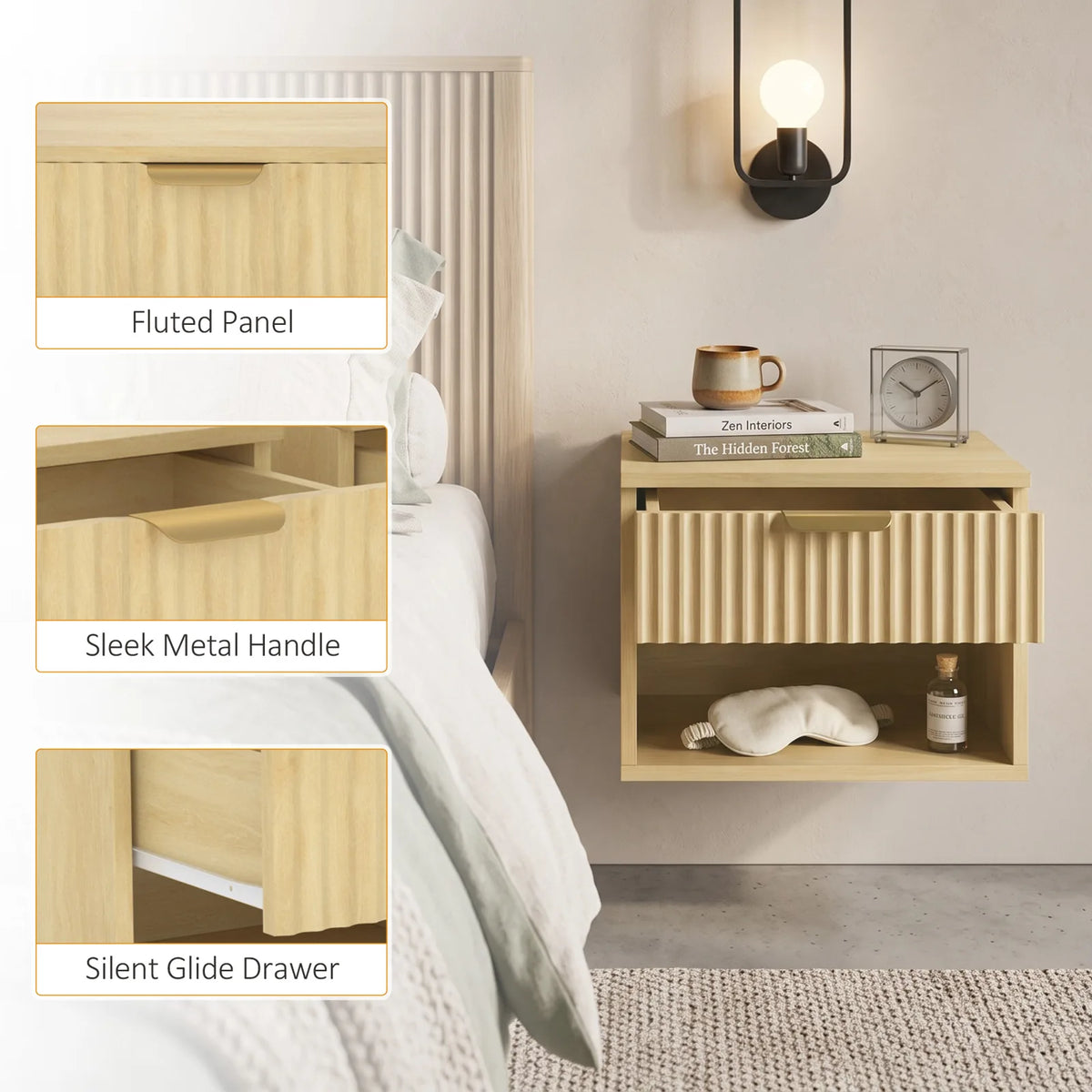 HOMCOM Floating Nightstands Set of 2 with Fluted Drawer and Open Shelf – Wall-Mounted Bedside Tables, Oak