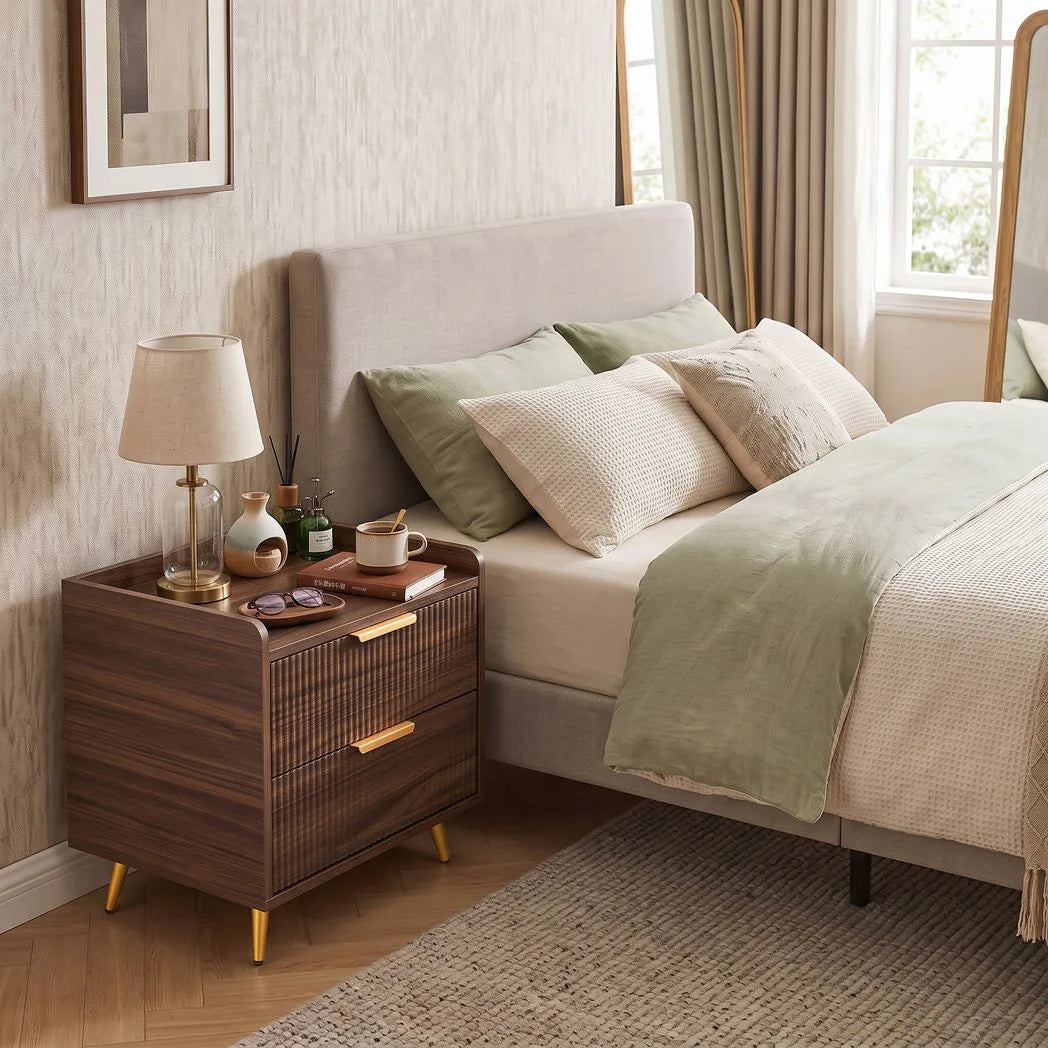 HOMCOM Two-Drawer Bedside Table with Gold-Tone Handles and Anti-Tipping Straps – Nightstand, Walnut Brown