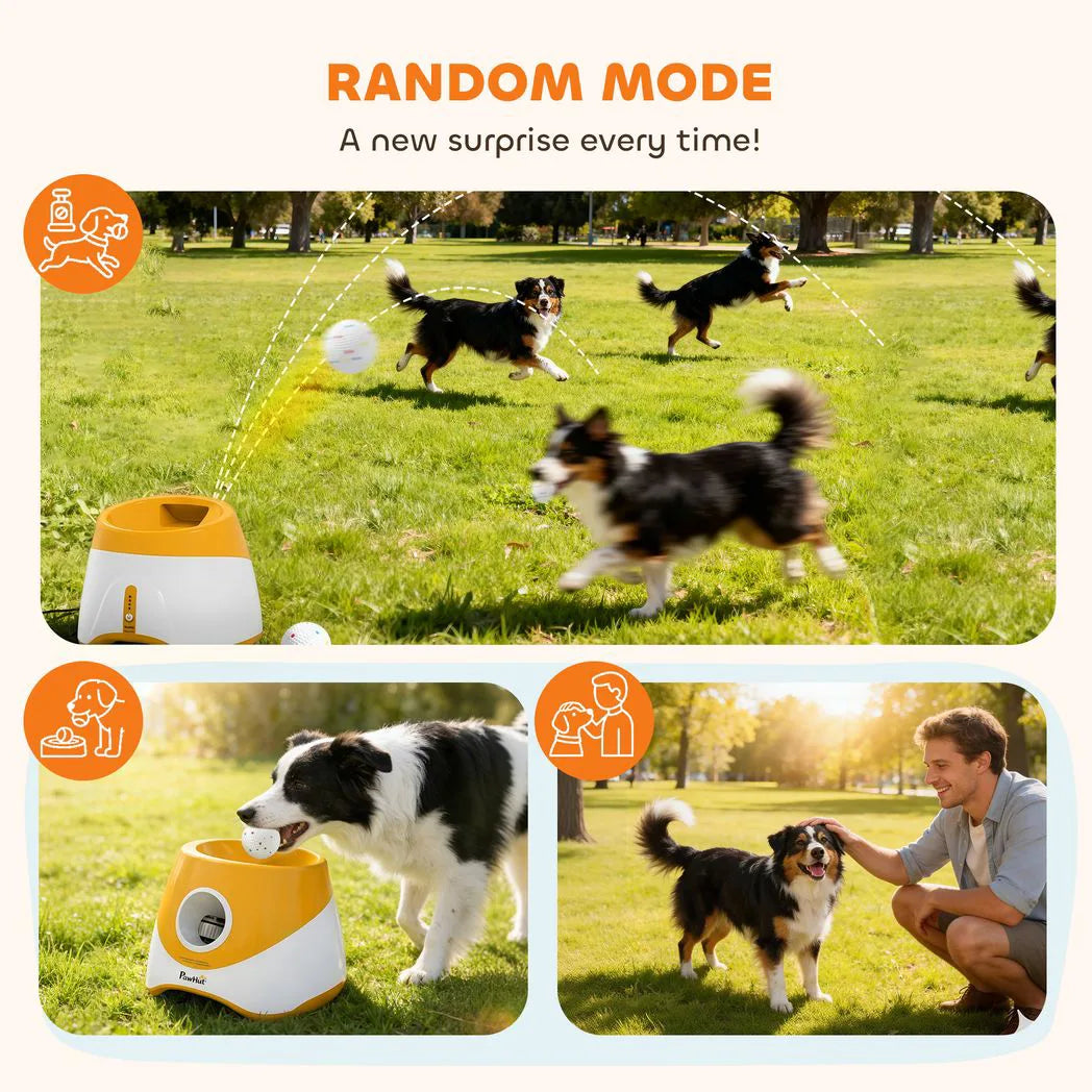PawHut Automatic Dog Ball Launcher with 5 ETPU Balls, 6/10/14m Settings – Rechargeable Fetch Toy, Orange