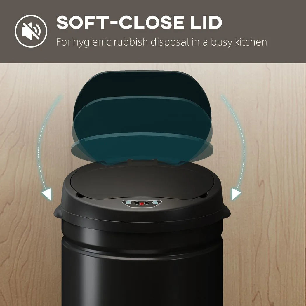 HOMCOM 30L Stainless Steel Sensor Bin with Soft-Close Lid – Touch-Free Kitchen Rubbish Bin, Black