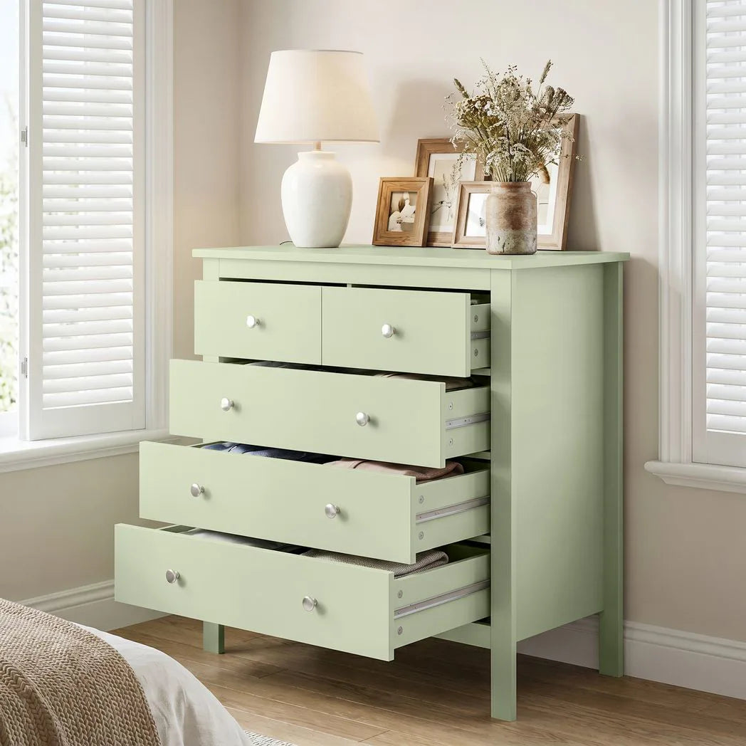 HOMCOM 5 Drawer Chest of Drawers with Glide Runners – Modern Bedroom and Hallway Storage Unit, Sage Green