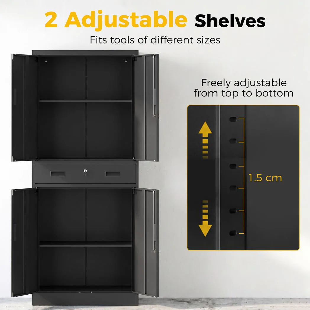 HOMCOM Metal Storage Cabinet with Locking Doors, Drawer & Adjustable Shelves – 180cm Tall Garage Tool Cabinet, Black