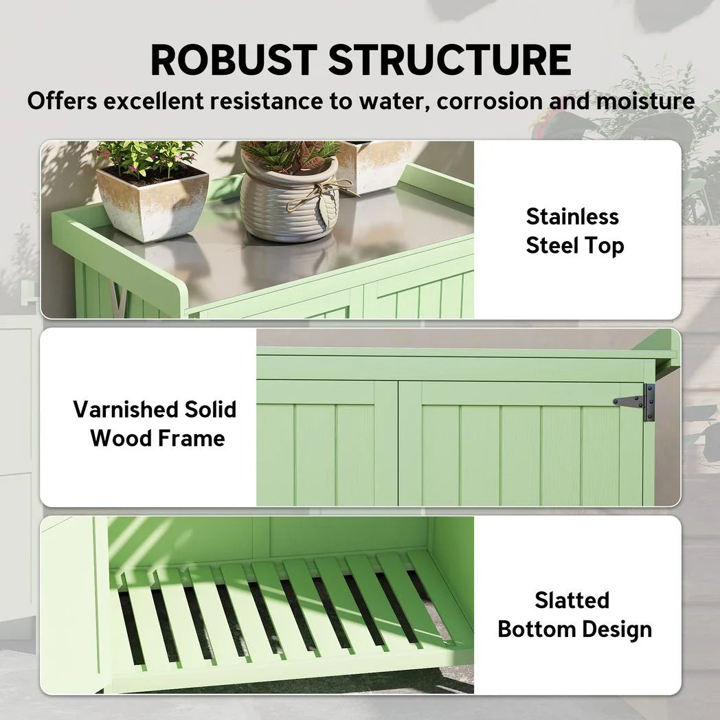 Outsunny Wooden Garden Tool Storage Cabinet with Hinged Roof, Double Doors and 2 Shelves – Light Green