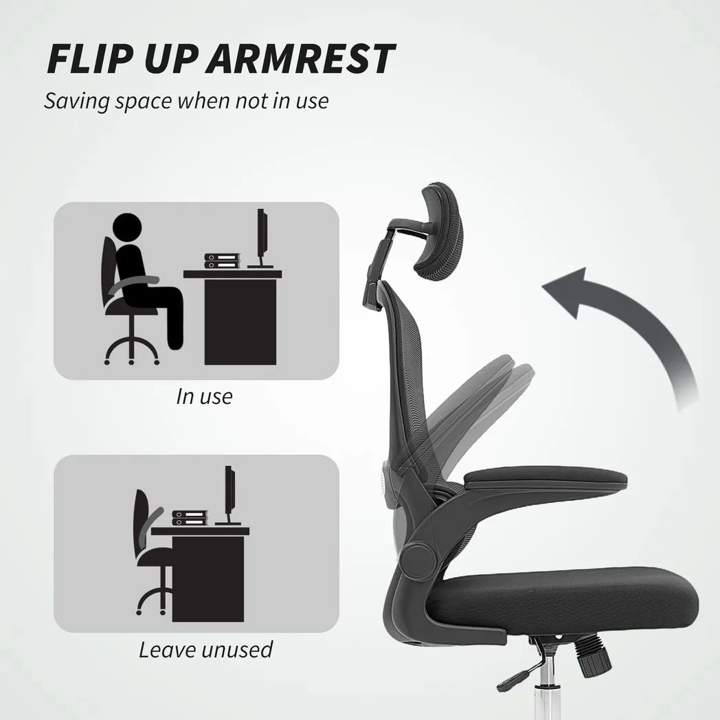 HOMCOM Mesh Back Office Chair with Lumbar Support, Flip-Up Armrests & Rocking – Desk Chair, Black