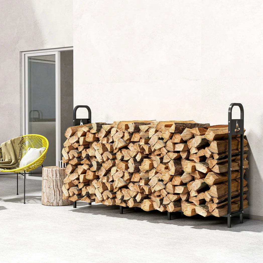 Outsunny 6.5ft Heavy Duty Steel Firewood Log Rack with Bonfire Pattern, 300kg Capacity, Black