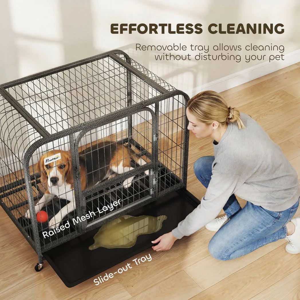 PawHut Heavy Duty Dog Crate, 93 x 58 x 76 cm – Triple Door Dog Cage with Wheels for Small to Medium Breeds