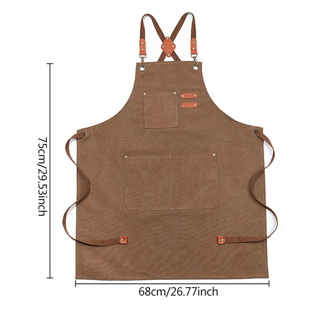 Canvas Apron with Pockets – Adjustable Cross-Back Strap, Kitchen, BBQ & Baking, Grey