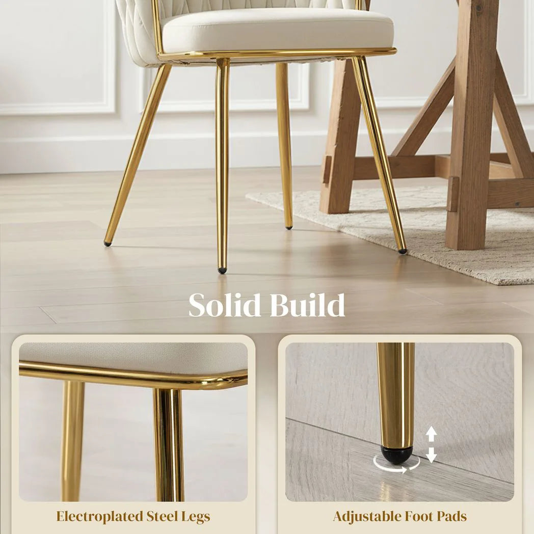 HOMCOM Set of 2 Velvet-Feel Dining Chairs with Knot Backrest & Golden Legs – Upholstered Accent Chairs, Cream