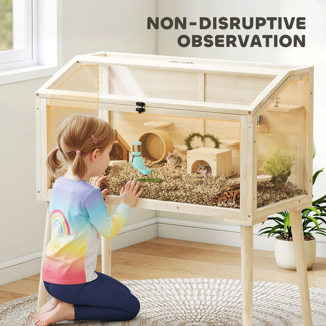 PawHut Wooden Hamster Cage with Openable Top, Seesaws and Water Bottle – Gerbil Habitat, 110 x 52 x 101 cm