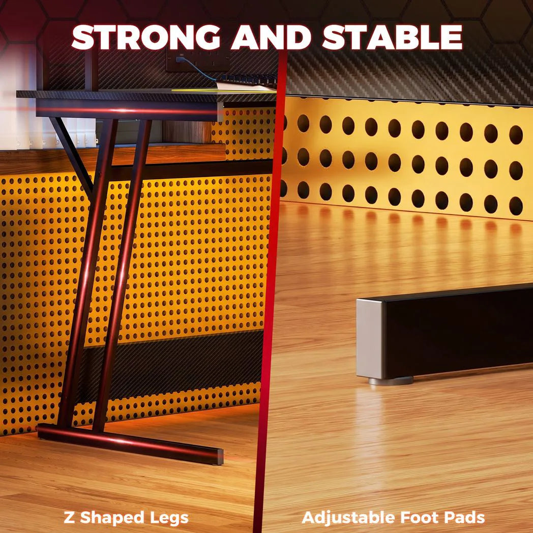 HOMCOM Two-Level LED Gaming Desk with Carbon Fibre Top, Power Outlets & USB Ports – Black Computer Desk