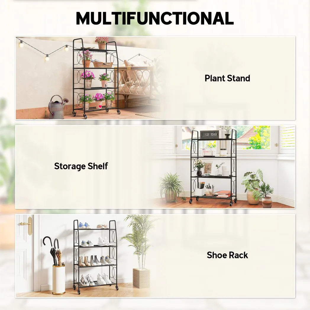 Outsunny 4-Tier Metal Plant Stand with Lockable Wheels, Heavy Duty Ladder Shelf Display Rack
