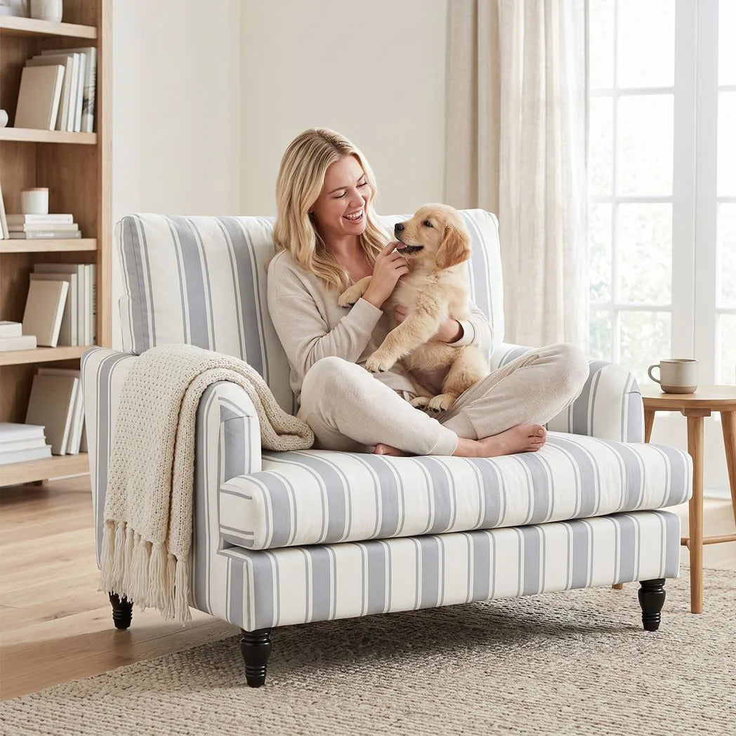 HOMCOM Velvet Single Sofa Armchair with Stripes, Turned Legs and Wide Seat – Modern Accent Chair, Grey