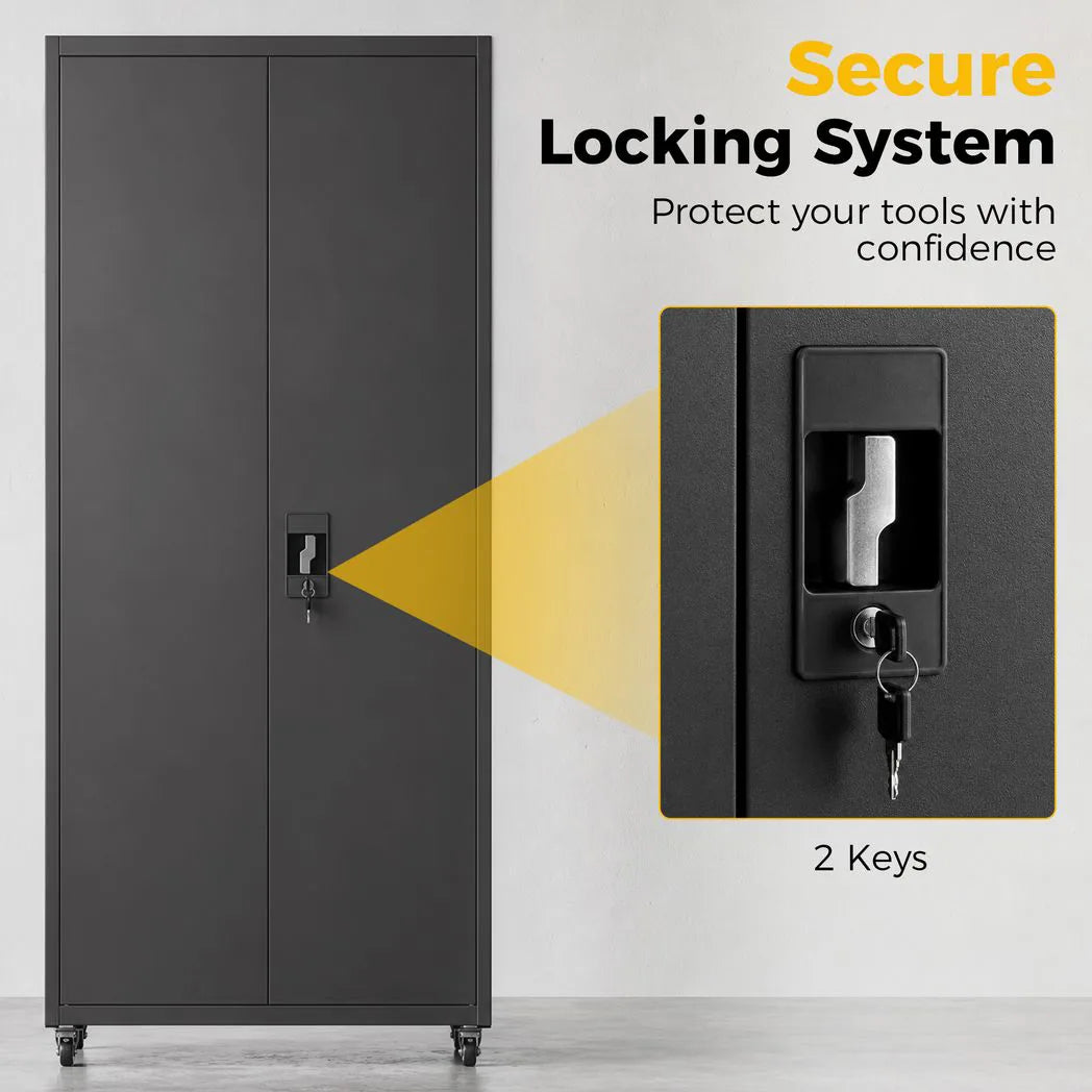 HOMCOM Lockable Metal Storage Cabinet with Removable Wheels and 4 Adjustable Shelves – 180 cm Steel Tool Cabinet