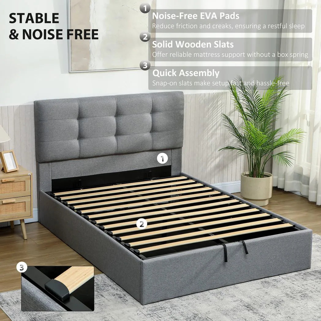 HOMCOM 4ft6 Double Ottoman Bed with Gas Lift Storage and Tufted Headboard – Linen-Look Bed Frame, Grey