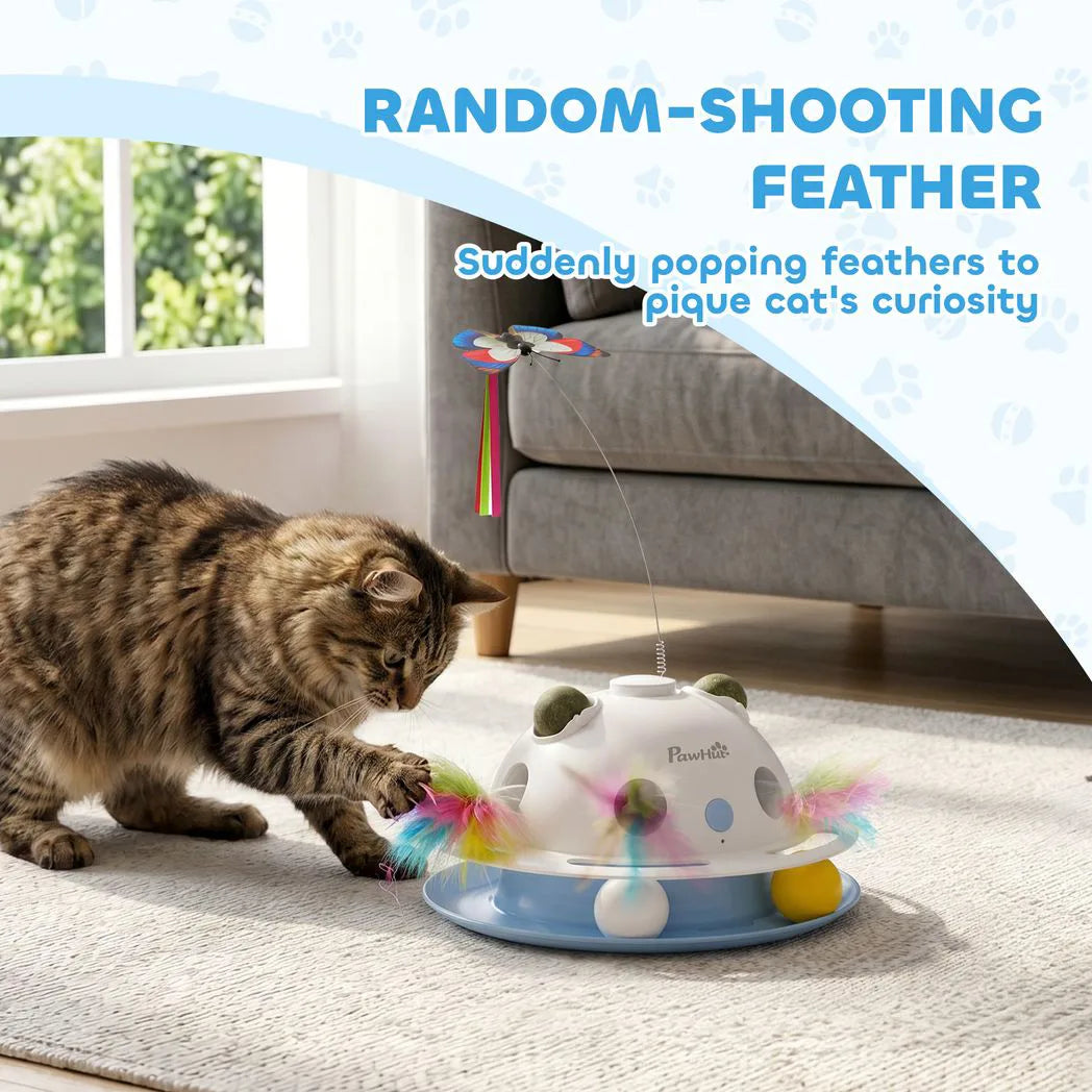 PawHut 4-in-1 Interactive Cat Toy with Spinning Butterfly, Shooting Feathers and Catnip Balls