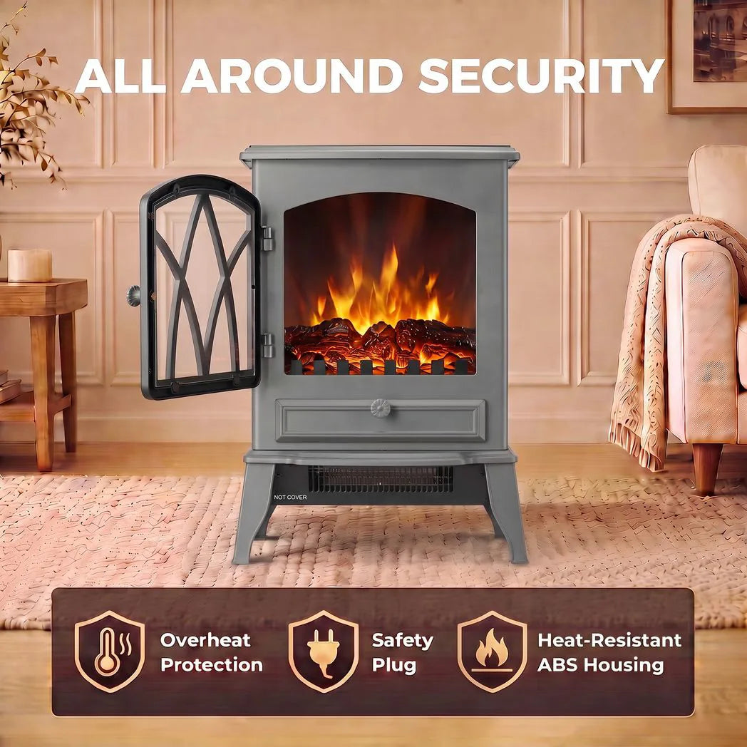 HOMCOM Vintage Electric Fireplace Stove, 1000W/2000W Freestanding with LED Flame and Thermostat – Grey
