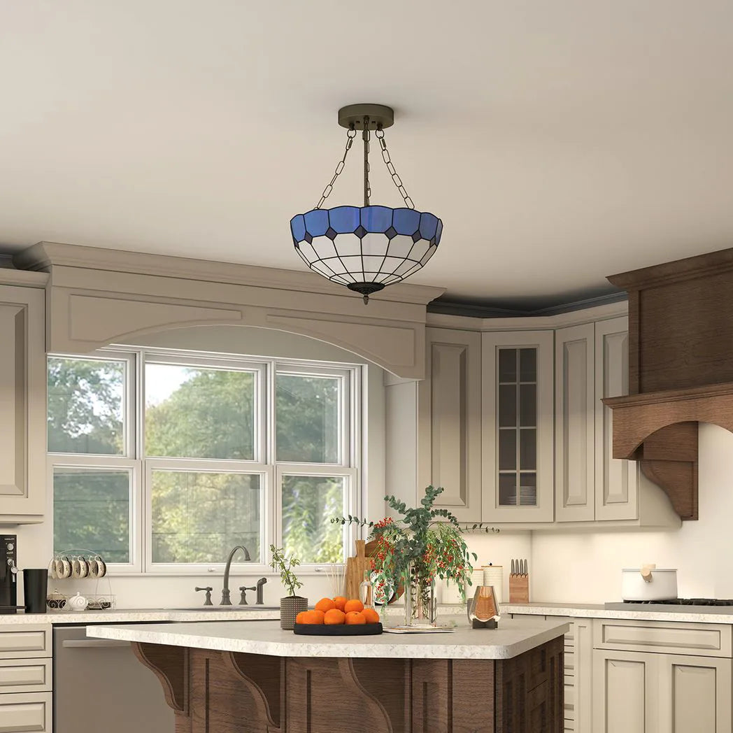 HOMCOM Tiffany Style Semi Flush Ceiling Light with 3 E27 Sockets – Vintage Stained Glass Chandelier for Living Room