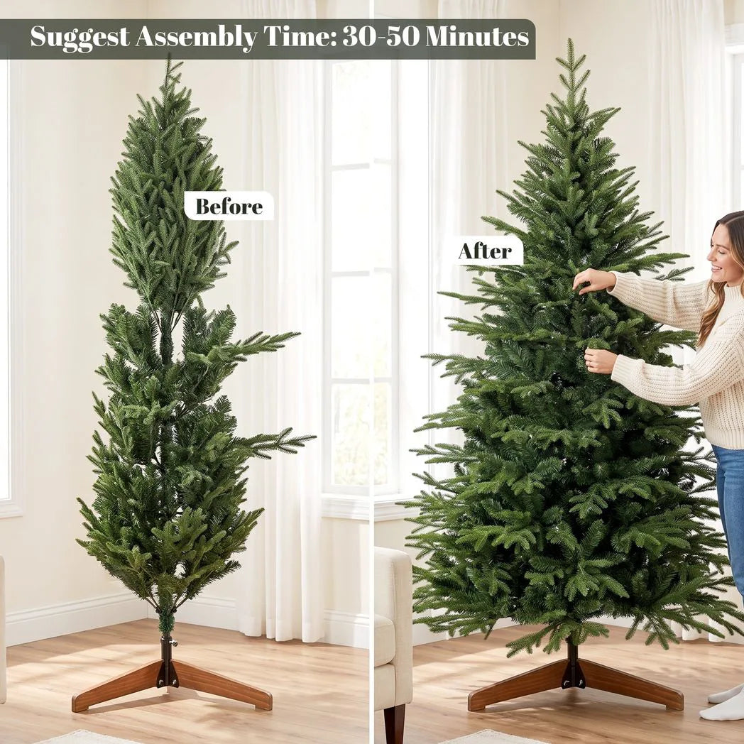 HOMCOM 7ft Hinged Artificial Christmas Tree with 2719 PE and PVC Tips and Solid Pine Wood Stand, Green