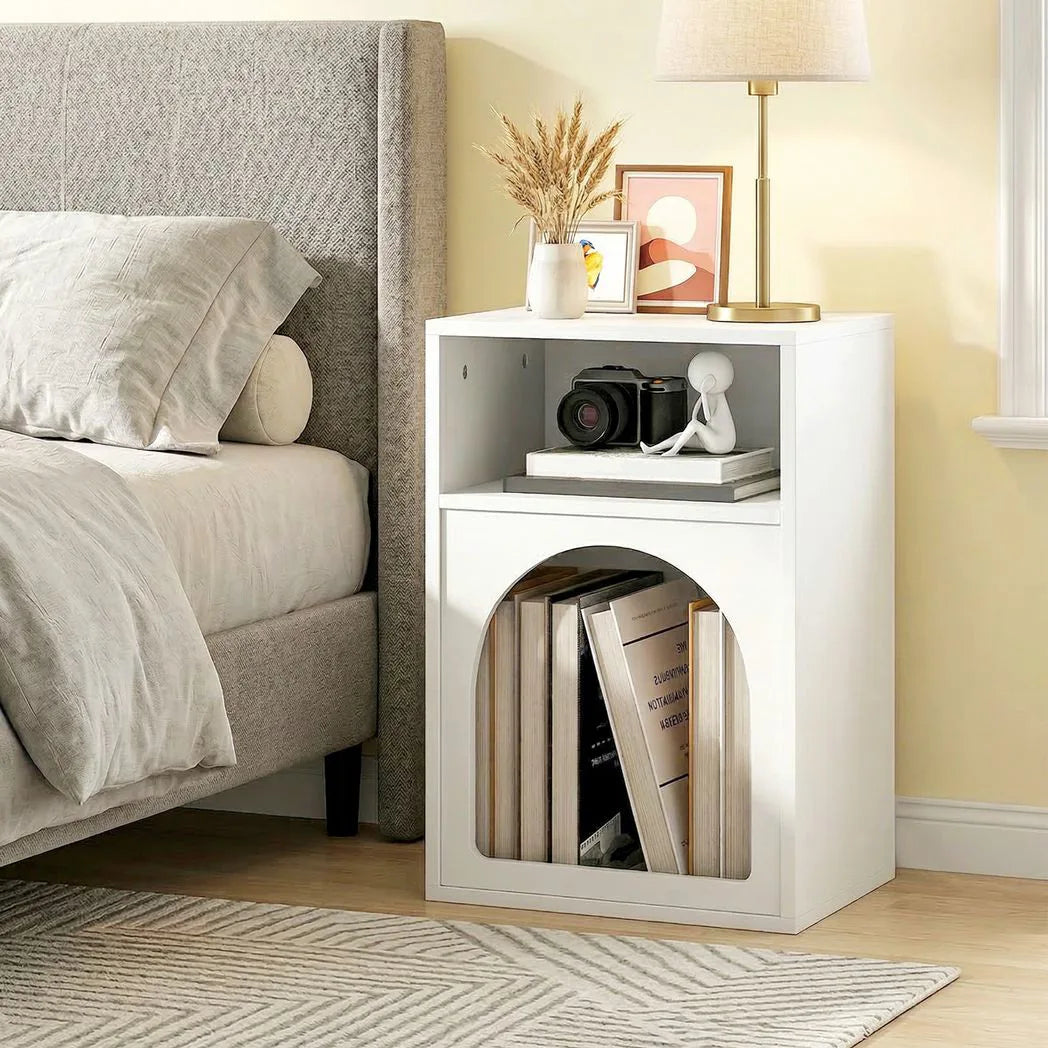 HOMCOM Narrow Bedside Table with 2 Open Compartments and Arched Design – Small Bedroom Nightstand, White
