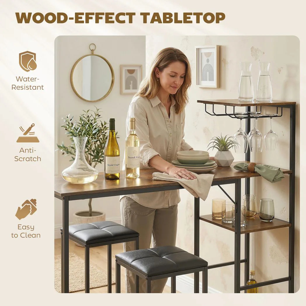 HOMCOM 3 Piece Breakfast Bar Table and Stools Set with 4-Tier Shelving and Wine Glass Racks, Rustic Brown