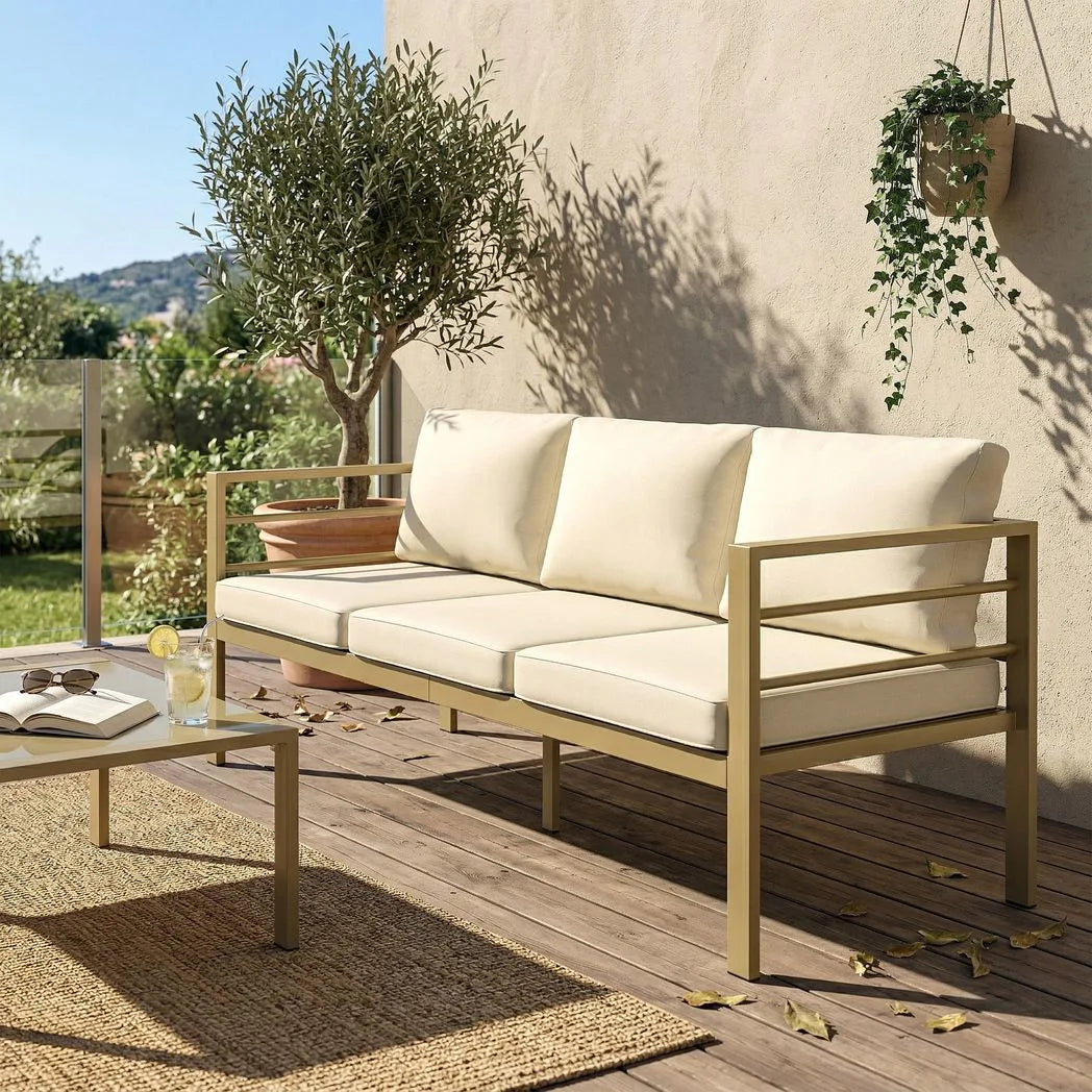Outsunny 3-Seater Garden Sofa Bench with Cushions, Aluminium Frame, 185 x 66 x 64cm, Cream White