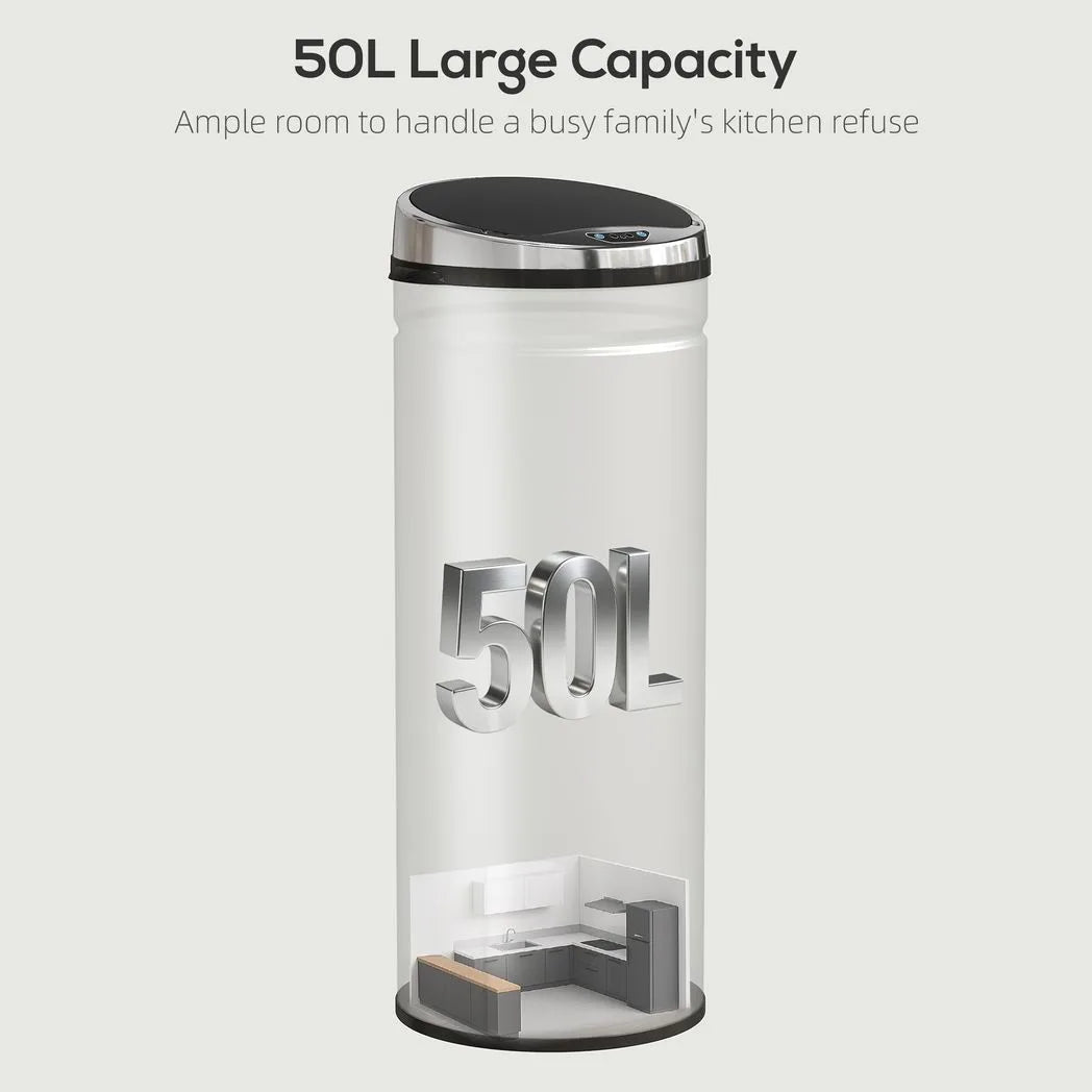 HOMCOM 50L Stainless Steel Sensor Bin with Soft-Close Lid – Touch-Free Automatic Kitchen Bin, Silver Tone