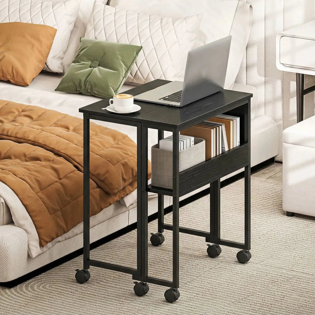 HOMCOM Drop Leaf Writing Desk with Lower Shelf and Wheels – Compact Folding Home Office Table, Black