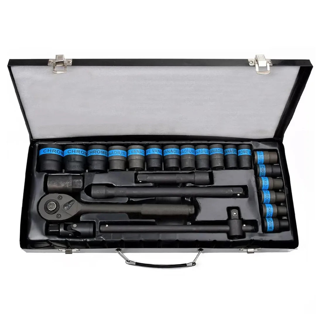 Heavy Duty 1/2 Inch Ratchet Socket Set, 8-32mm Metric with Extension Bars and Metal Case – Garage Tool Kit