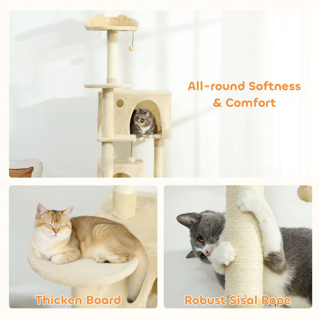 PawHut 180cm Large Cat Tree with Sisal Scratching Posts, Condos, Plush Perches, Hammock and Ladder, Beige