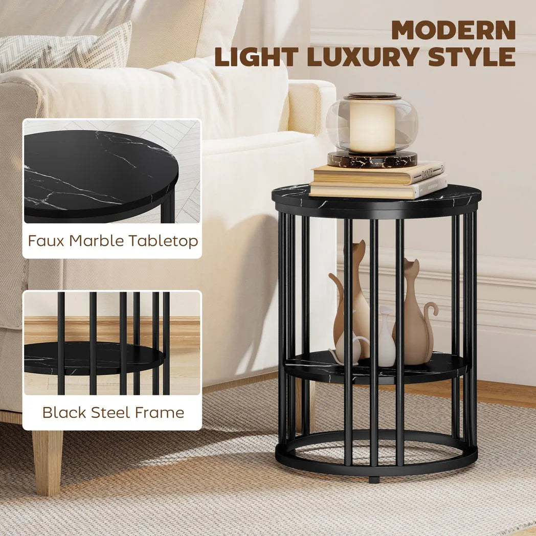 HOMCOM Set of 2 Round Marble-Effect Coffee Tables with Black Steel Legs and Bottom Shelf – Two-Tier