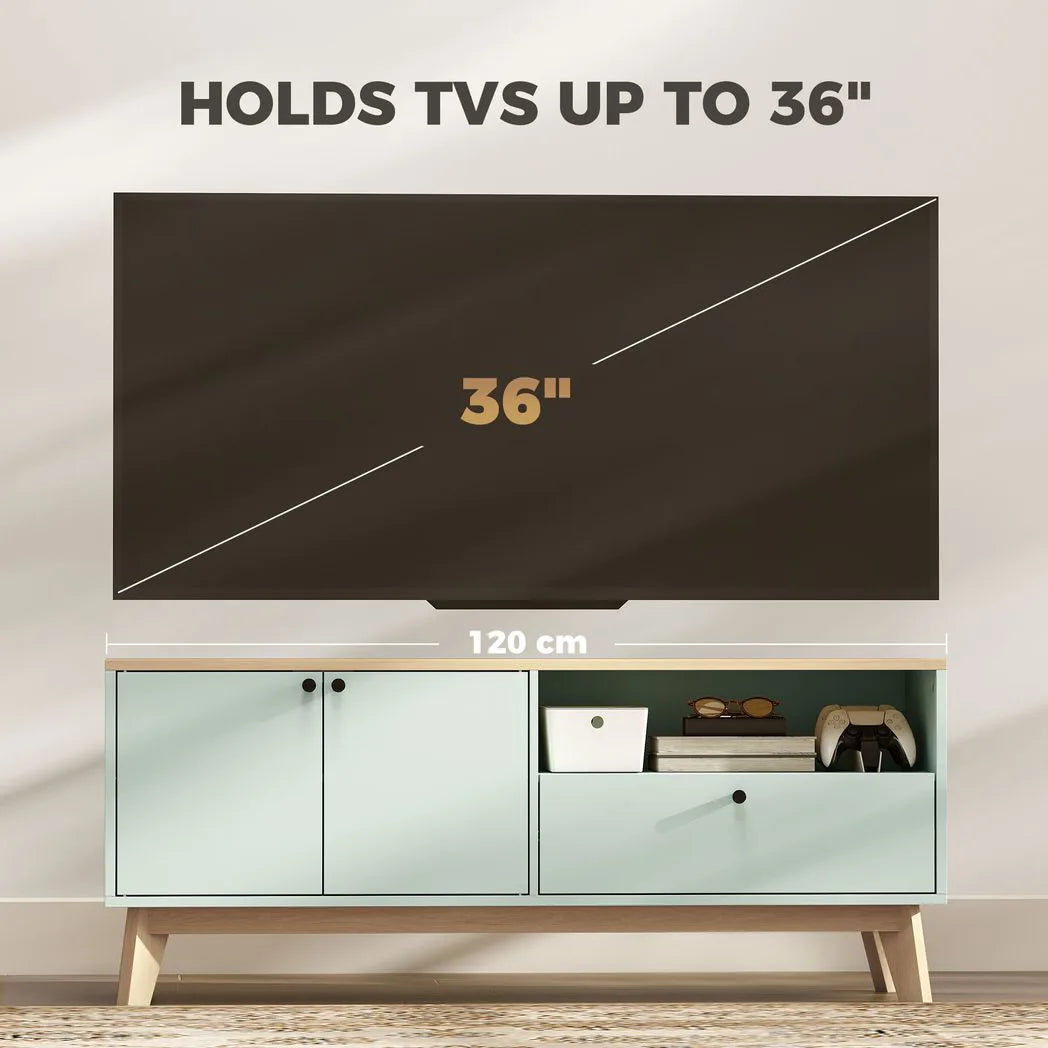 HOMCOM TV Stand for TVs up to 36 Inch with 2 Doors, Drawer and Adjustable Shelf – Mid-Century Media Unit, Light Green
