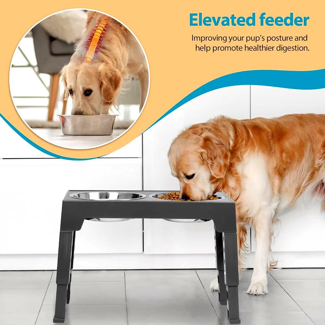 Large Dog Raised Double Bowl Feeding Station with Stainless Steel Bowls – 5 Height Settings, Foldable Legs, Black