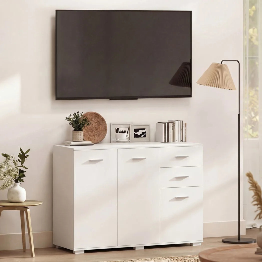 HOMCOM Modern Sideboard with 2 Drawers, 3 Doors and Adjustable Shelves – Kitchen and Dining Storage Cabinet, White