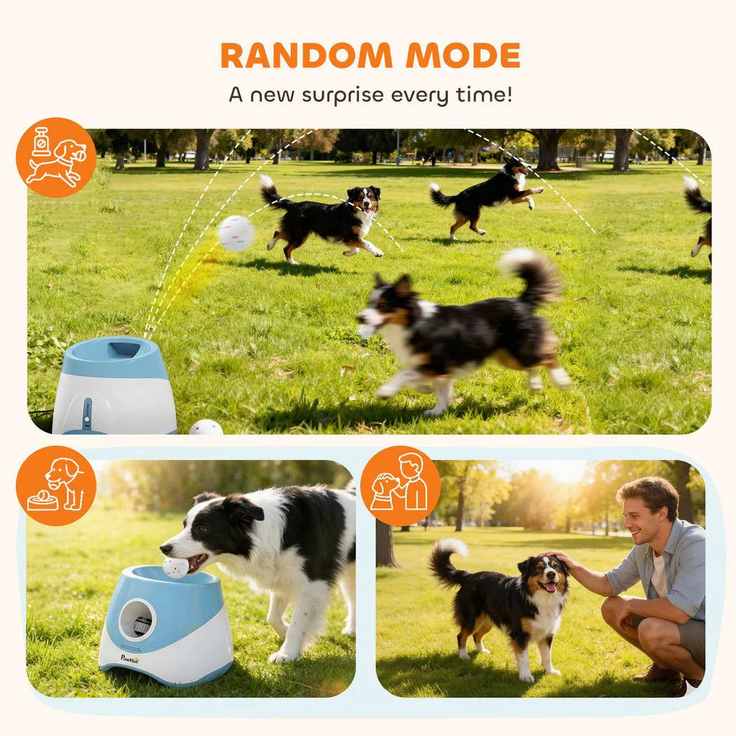 PawHut Automatic Dog Ball Launcher with 5 ETPU Balls, 6/10/14m Settings – Rechargeable Fetch Toy, Blue