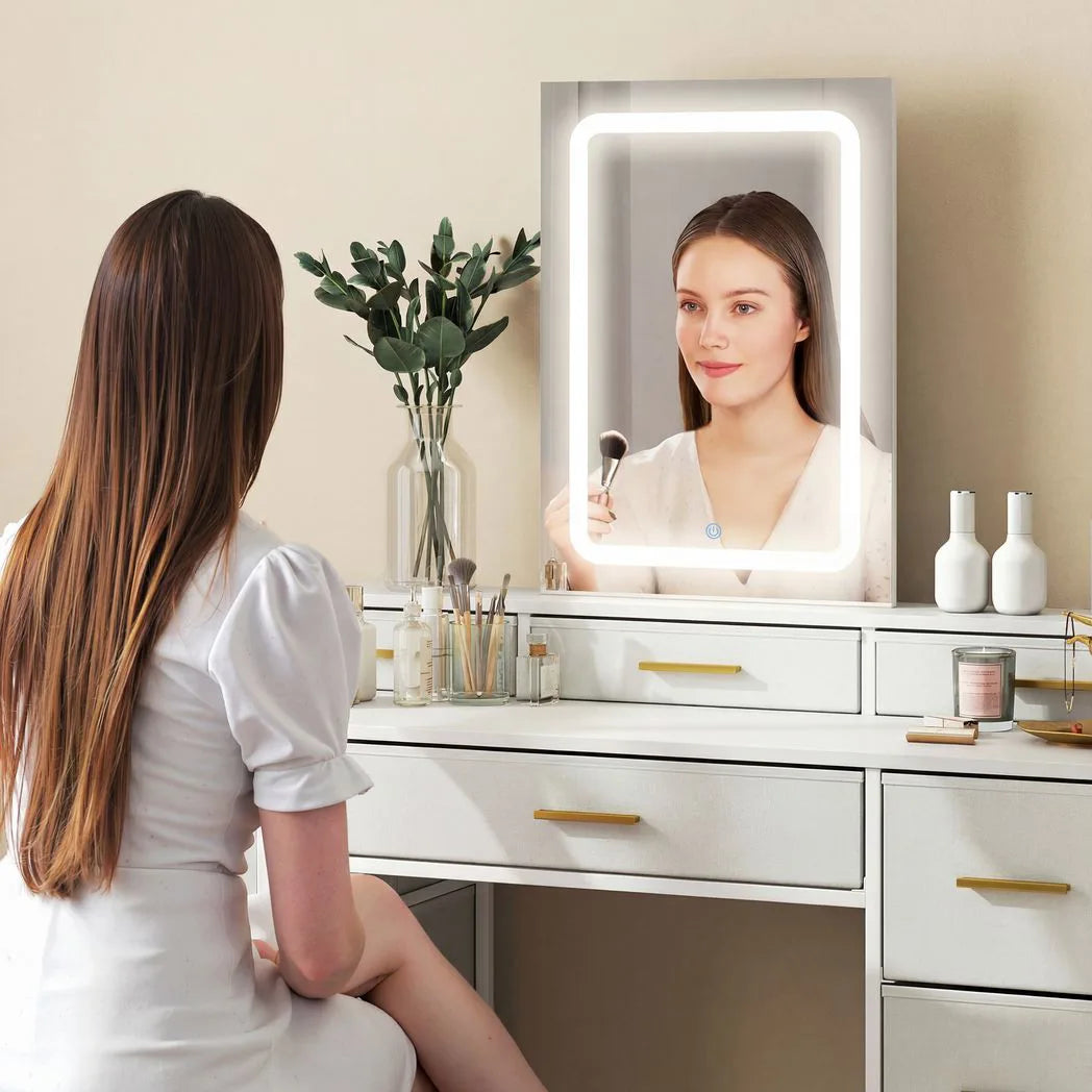 HOMCOM Dressing Table with LED Mirror and 10 Fabric Drawers – Makeup Vanity with Adjustable Lighting, White