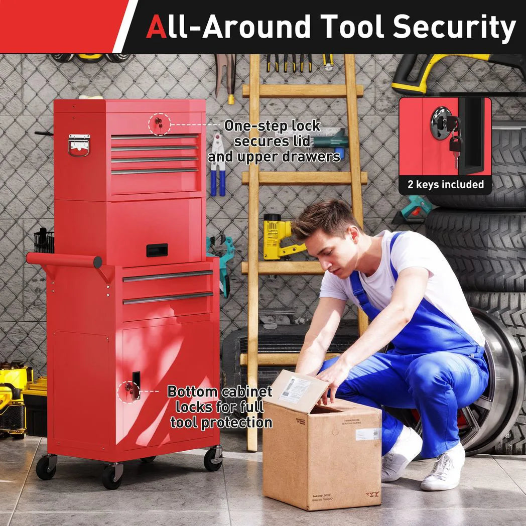 HOMCOM Three-Part Steel Locking Tool Chest with Wheels, 6 Drawers and Side Pegboard – Garage Storage, Red