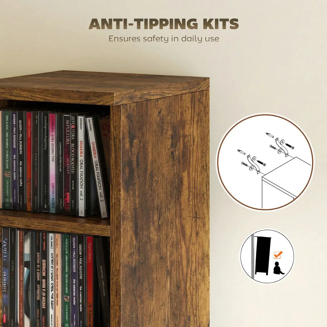 HOMCOM Set of 2 CD Media Storage Towers with Adjustable Shelves, Holds 204 CDs, Rustic Brown