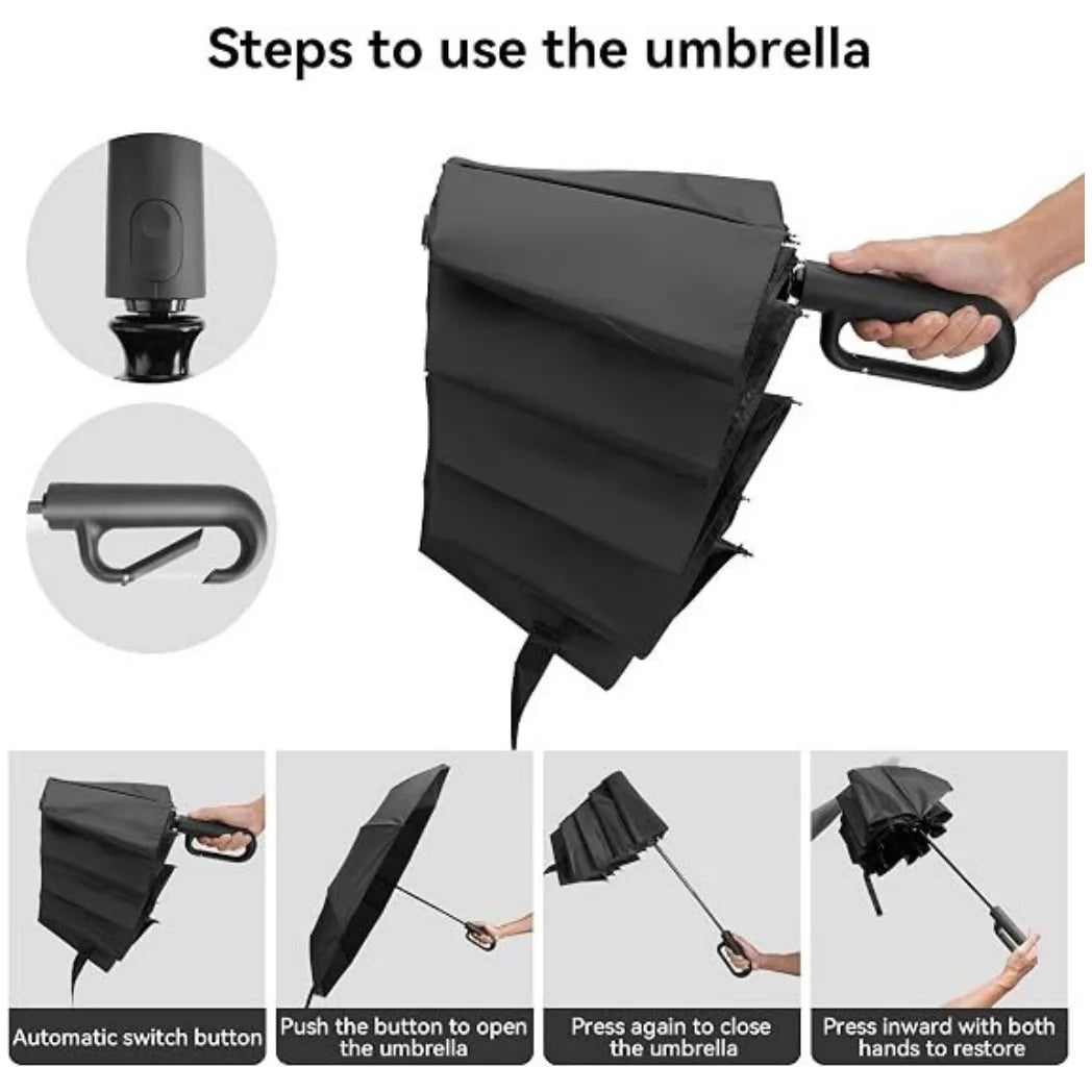 Windproof Automatic Folding Umbrella, 105 cm Canopy, 30 Reinforced Ribs, Ring Handle