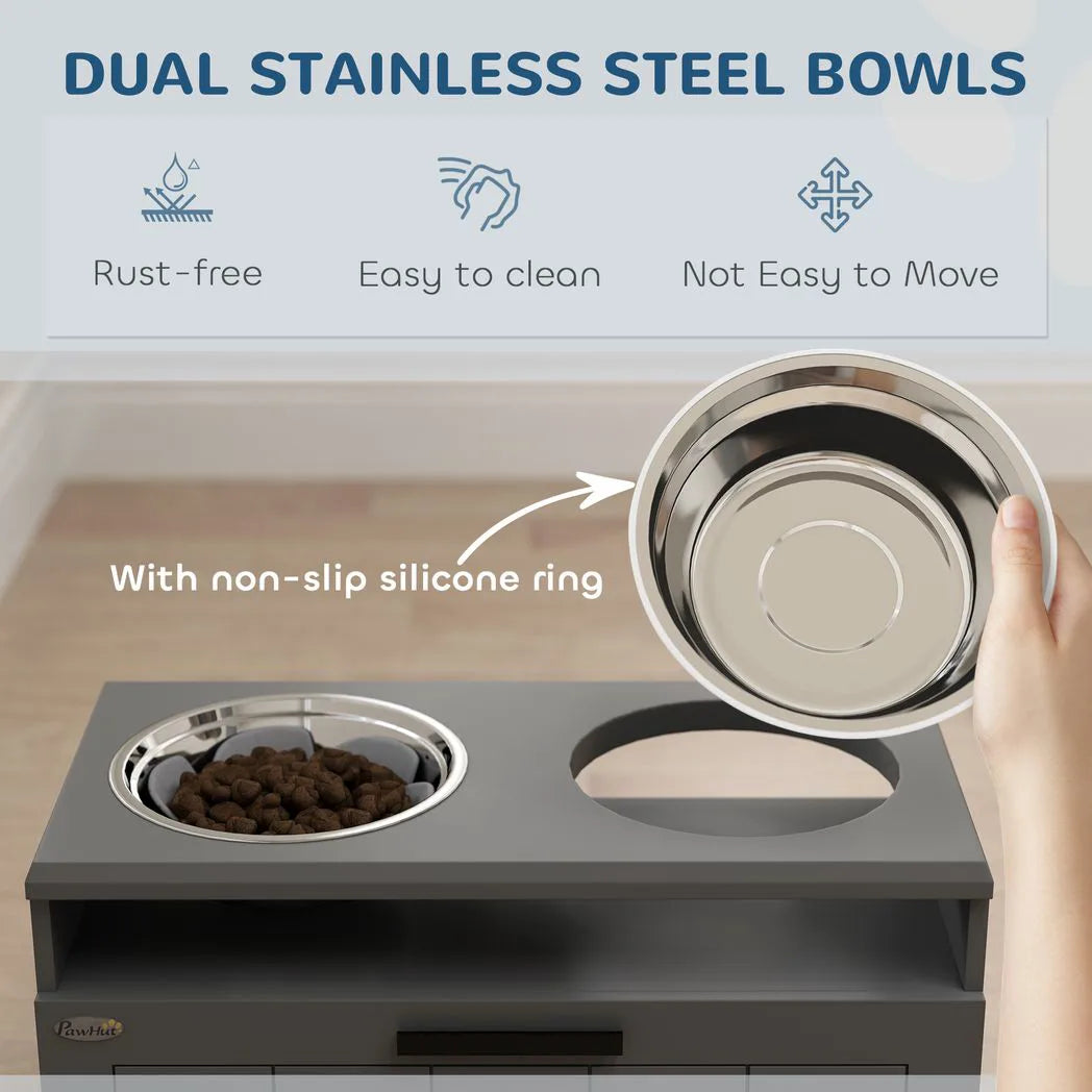 PawHut Raised Dog Bowl Stand with Slow Feeder, Steel Bowls and Drawer – Large Dogs, Grey
