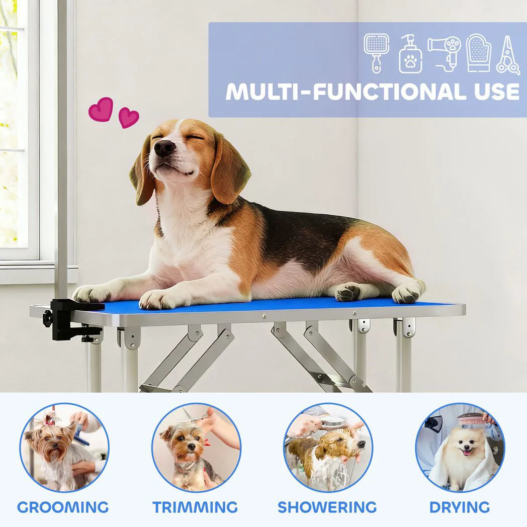 PawHut 32-Inch Foldable Dog Grooming Table with Adjustable Arm and Rubber Top – Pet Drying Table, Blue