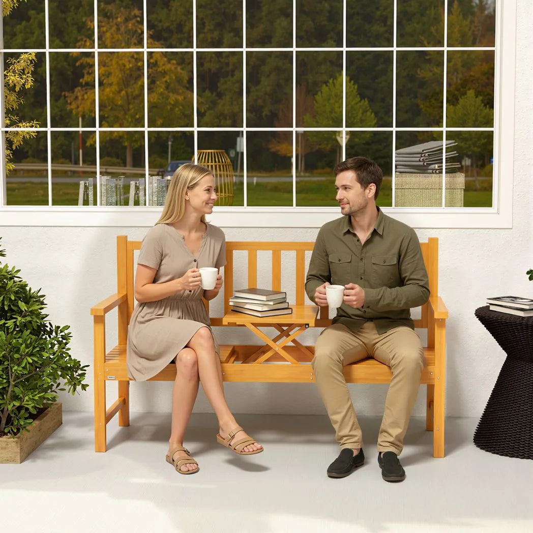 Outsunny Wooden Garden Bench with Liftable Middle Table – 2-3 Seater Pine Patio Loveseat for Porch and Garden, Light Brown